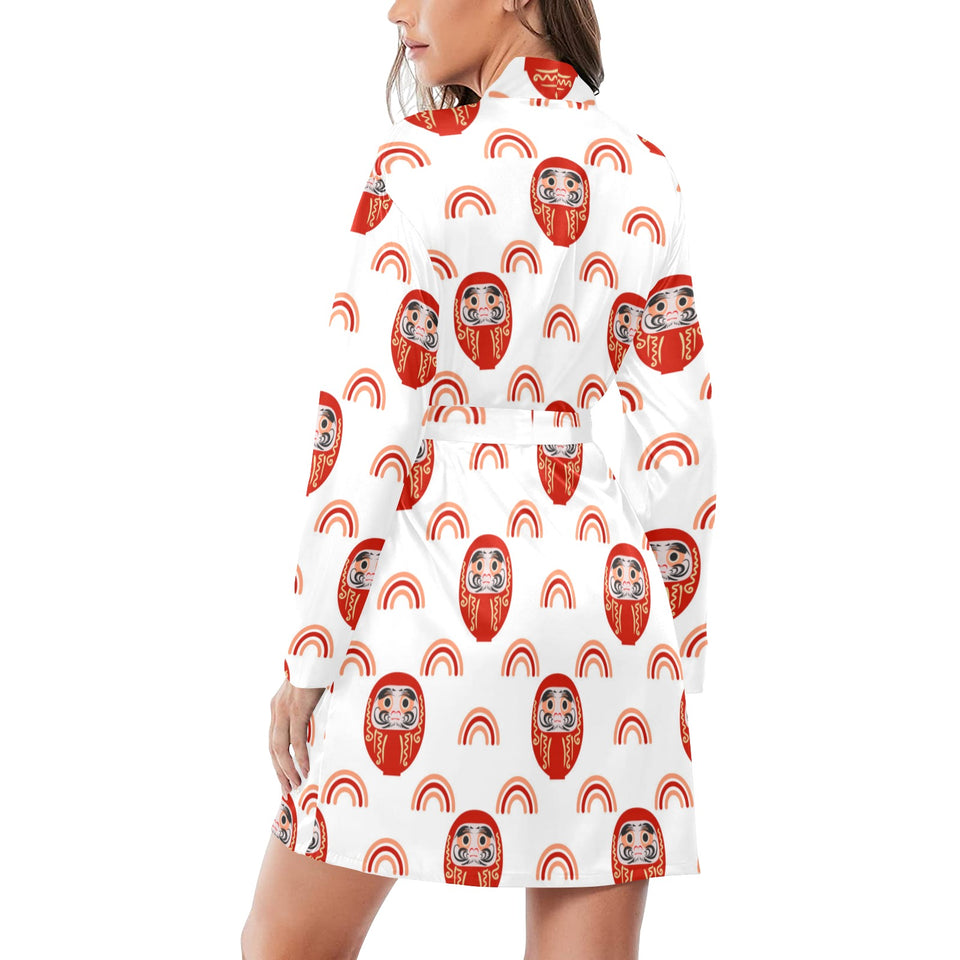 Daruma japanese wooden doll design pattern Women's Long Sleeve Belted Night Robe