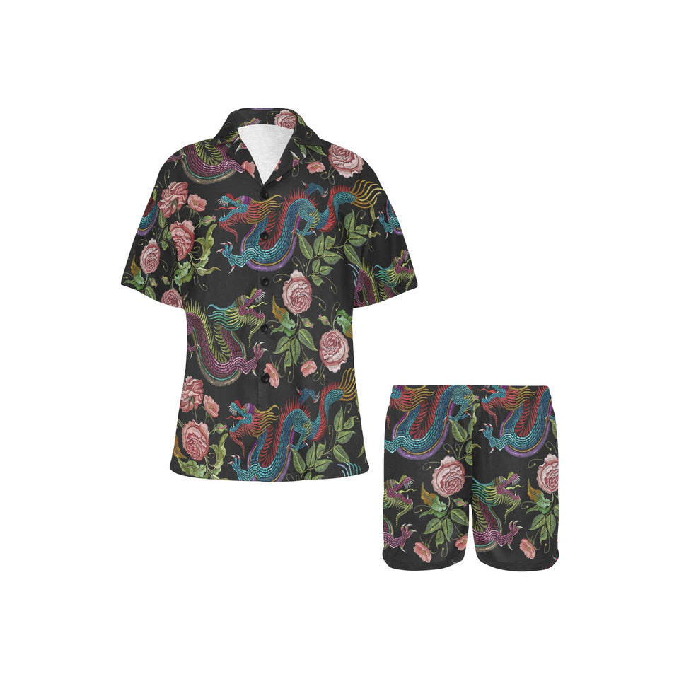 Dragons flower pattern Women's V-Neck Short Pajama Set