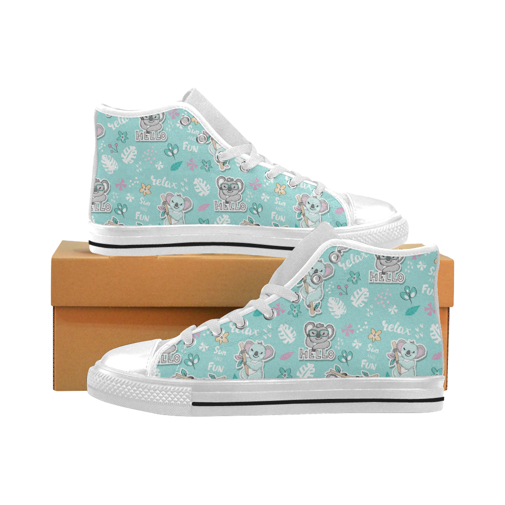 Cute koalas blue background pattern Men's High Top Canvas Shoes White