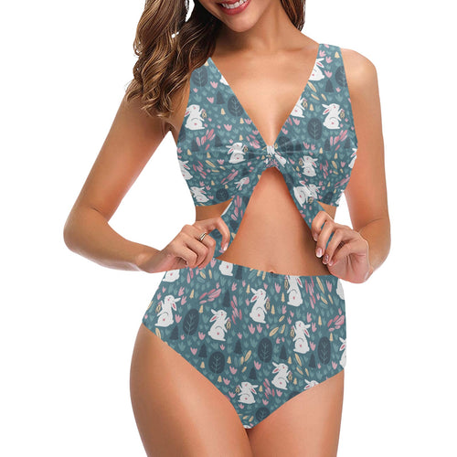 Cute rabbit pattern Chest Bowknot High Waisted Bikini Swimsuit