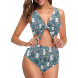 Cute rabbit pattern Chest Bowknot High Waisted Bikini Swimsuit