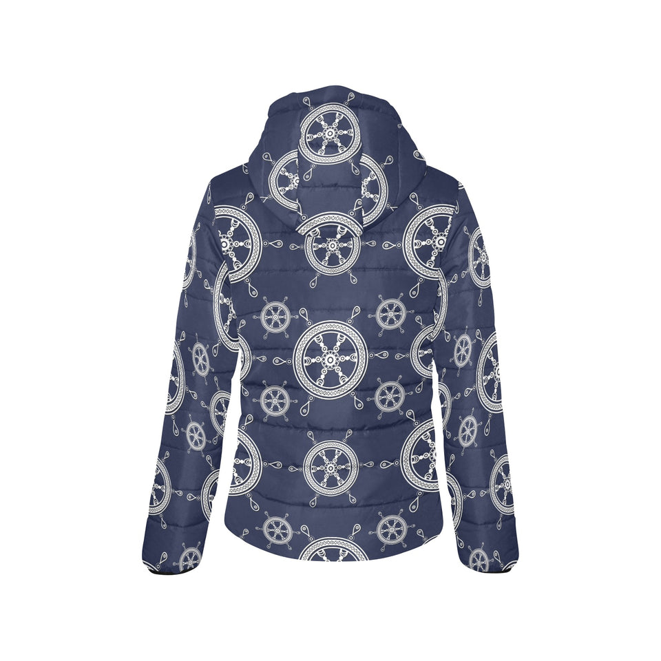 nautical steering wheel design pattern Women's Padded Hooded Jacket