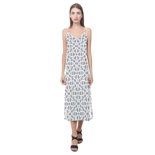 arabic gray pattern V-Neck Open Fork Long Dress
