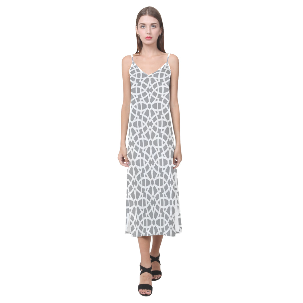arabic gray pattern V-Neck Open Fork Long Dress