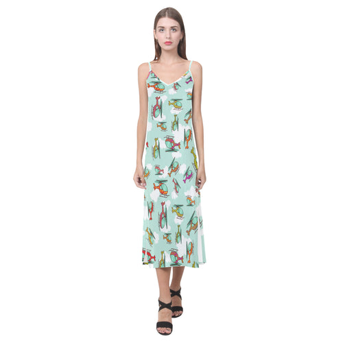 Helicopter design pattern V-Neck Open Fork Long Dress