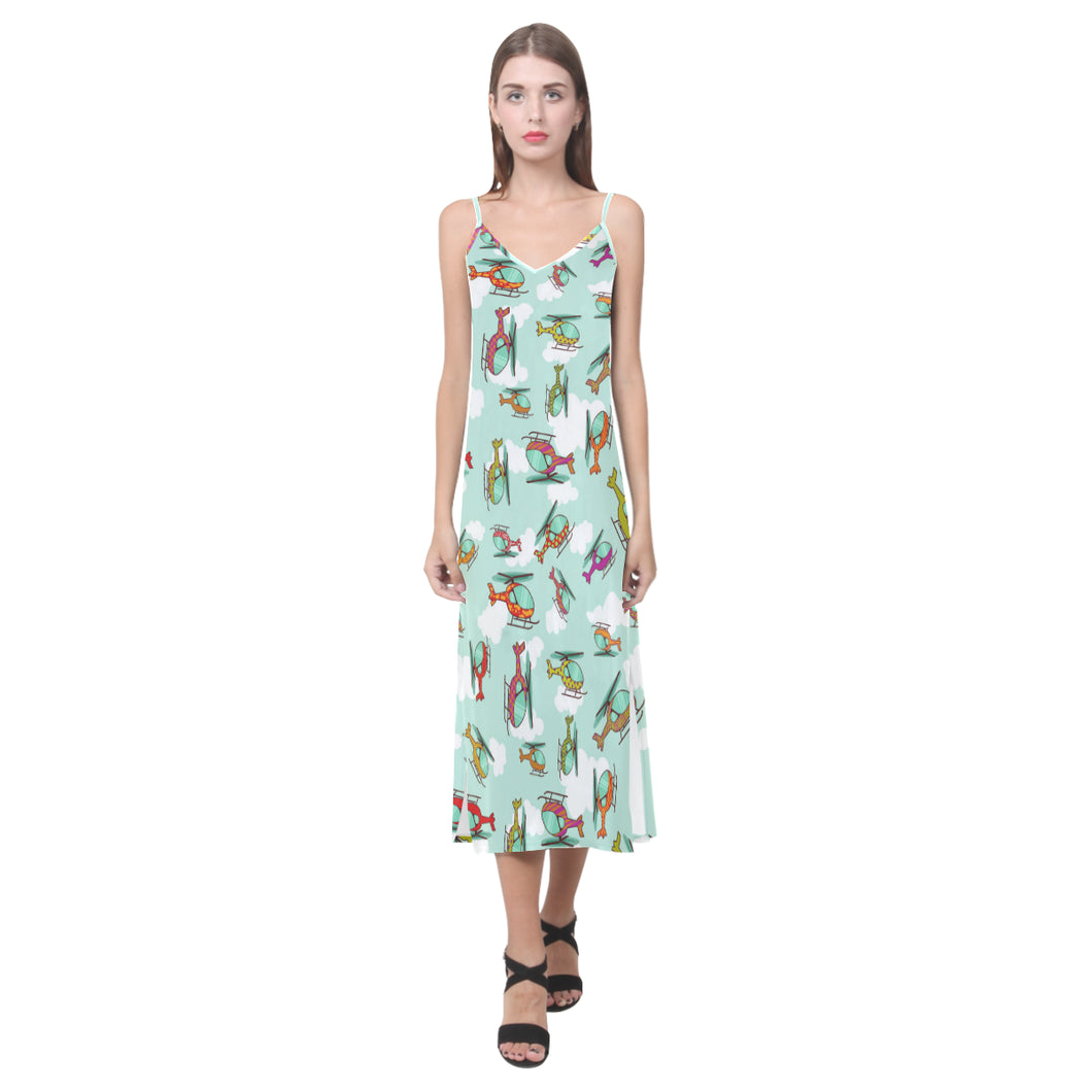 Helicopter design pattern V-Neck Open Fork Long Dress