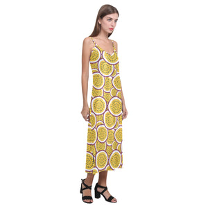 Passion fruits slice pattern V-Neck Open Fork Long Dress