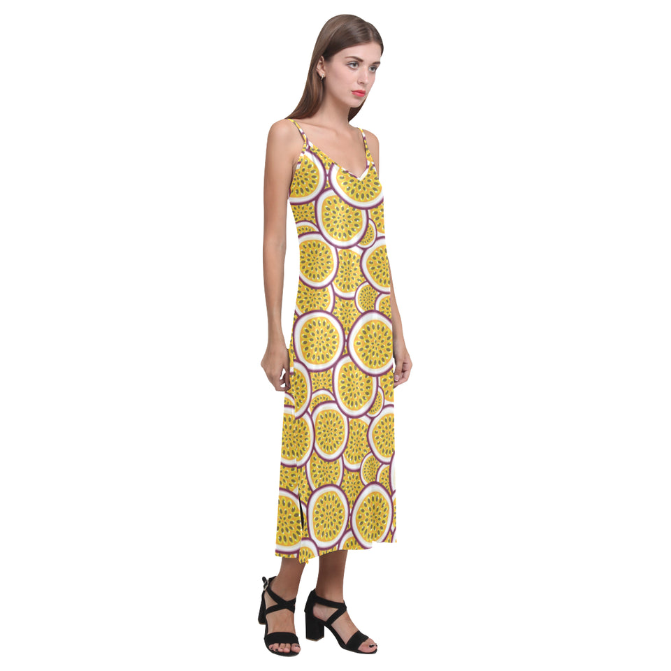 Passion fruits slice pattern V-Neck Open Fork Long Dress