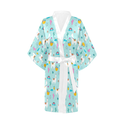 Llama alpaca cactus leaves pattern Women's Short Kimono Robe