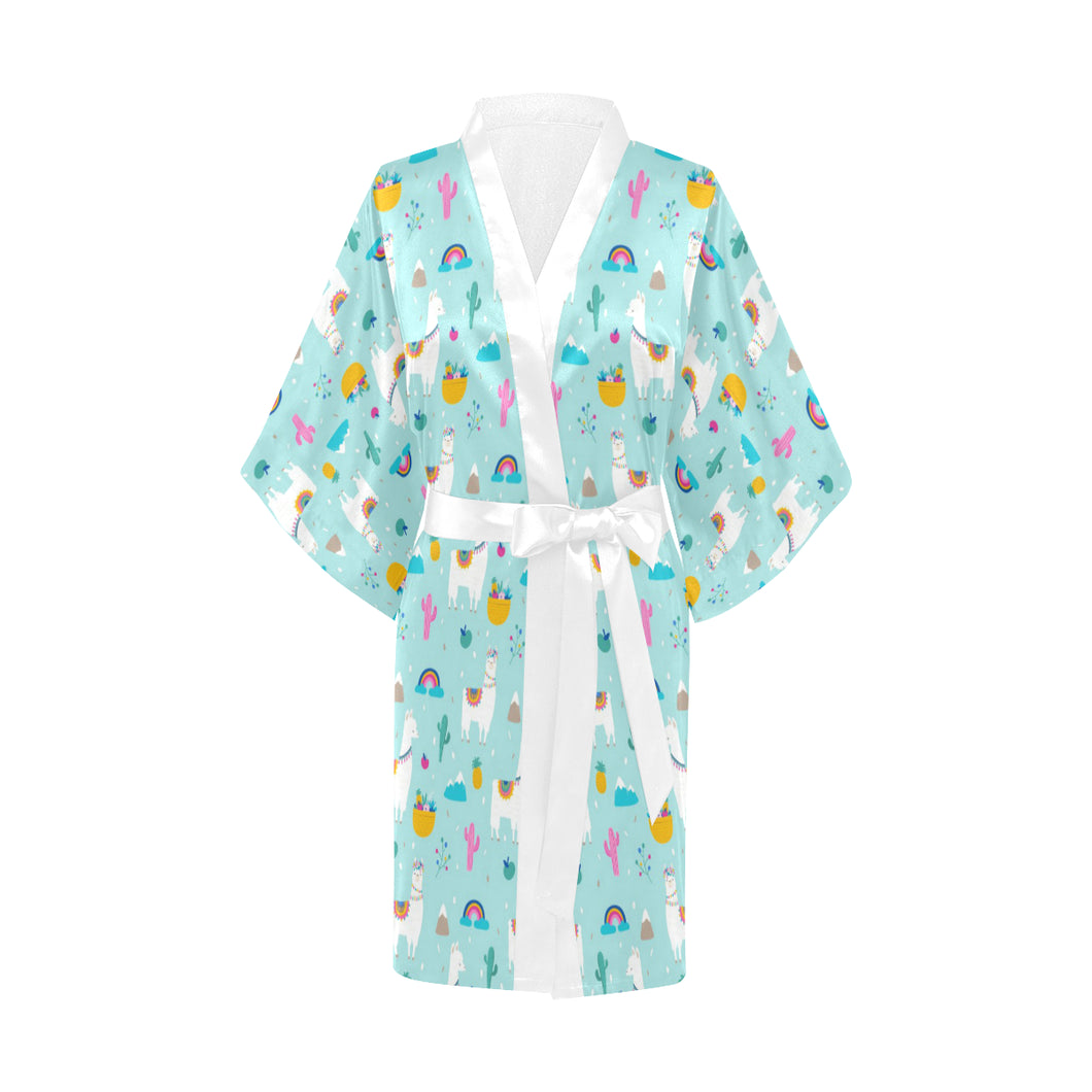 Llama alpaca cactus leaves pattern Women's Short Kimono Robe