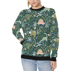 dinosaurs tropical leaves flower pattern Women's Crew Neck Sweatshirt