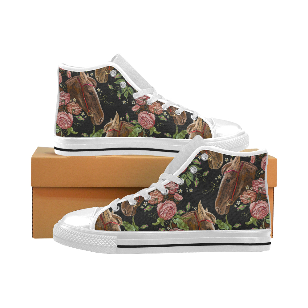 Horse head wild roses pattern Men's High Top Canvas Shoes White