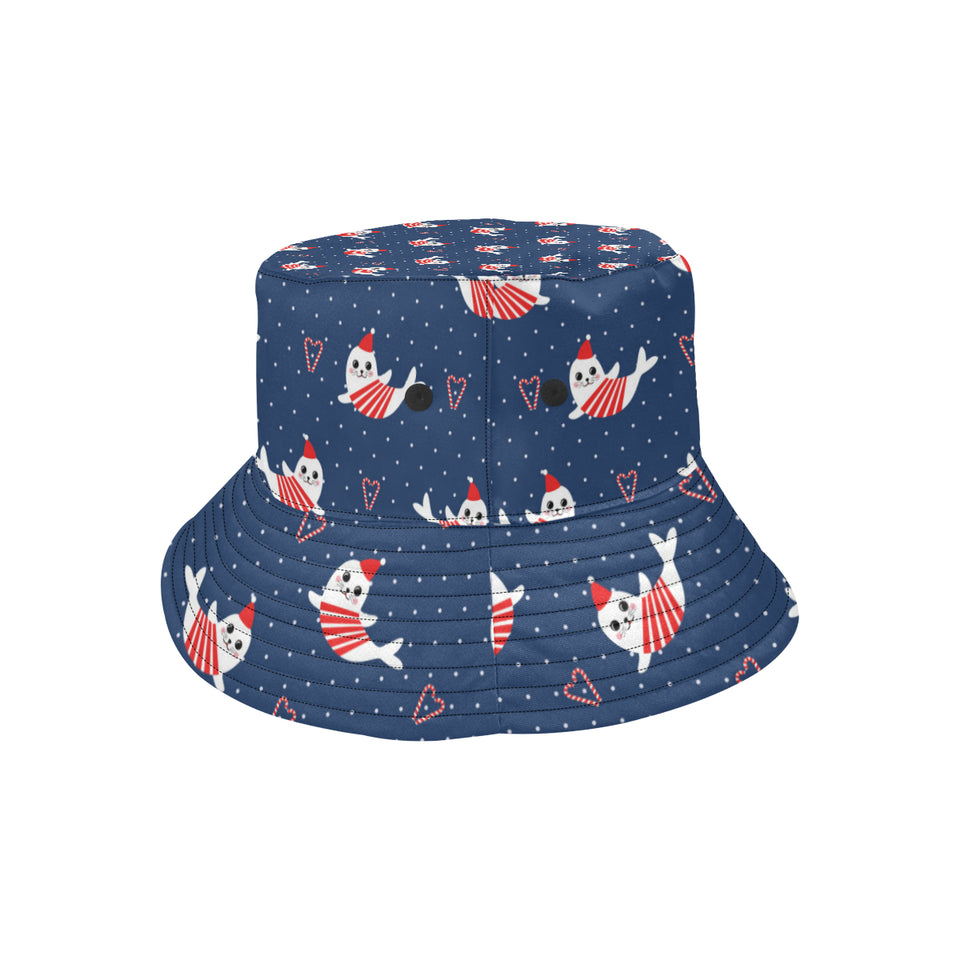 Cute sea lion seal christmas hat candy cane heart Unisex Bucket Hat