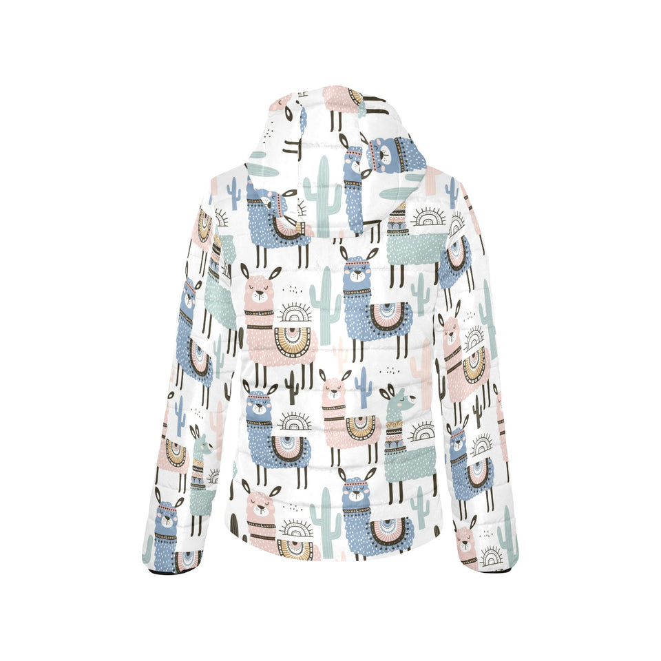 lama Alpaca cactus hand drawn pattern Women's Padded Hooded Jacket