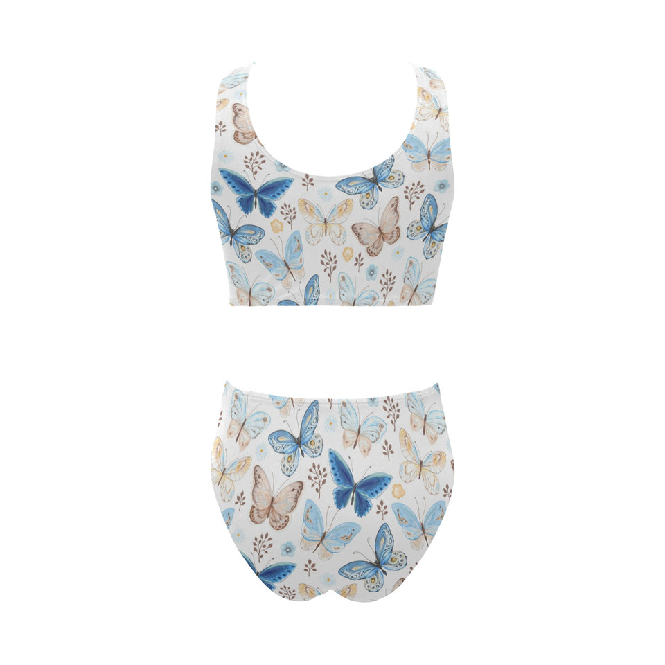 blue butterfly pattern Chest Bowknot High Waisted Bikini Swimsuit