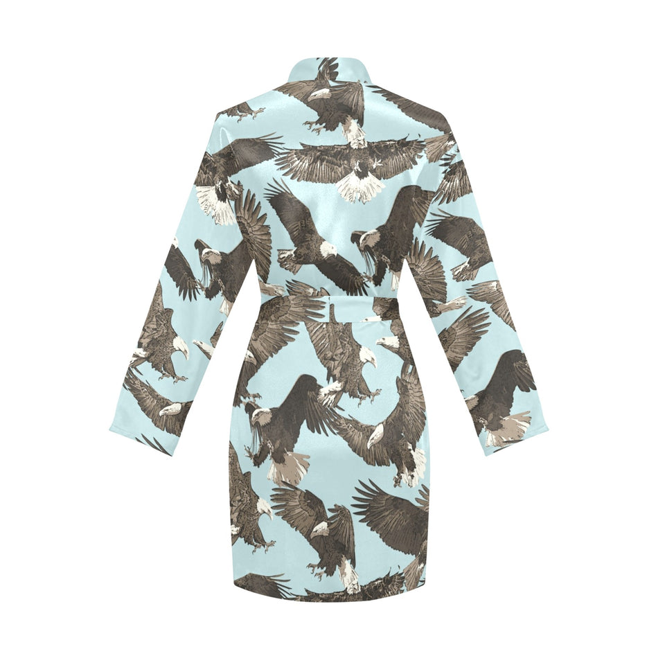 Eagle Pattern Print Design 01 Women's Long Sleeve Belted Night Robe