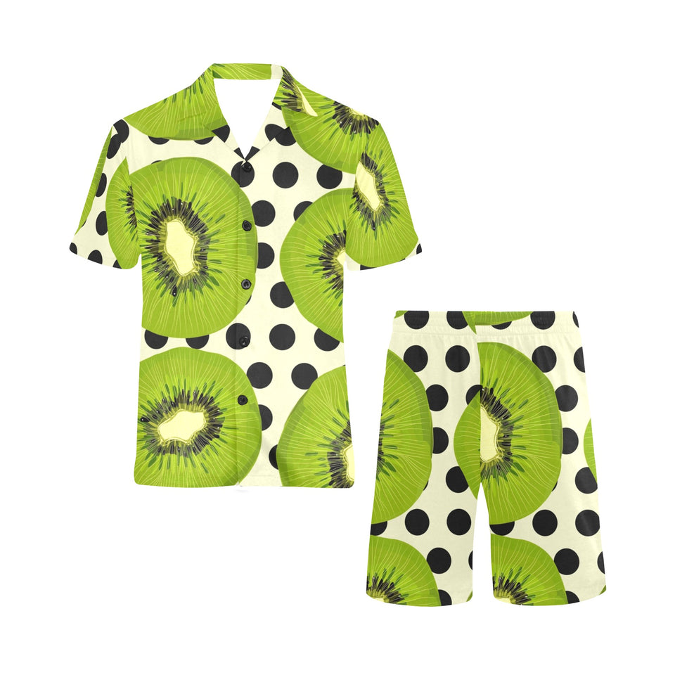 kiwi black dot background Men's V-Neck Short Pajama Set