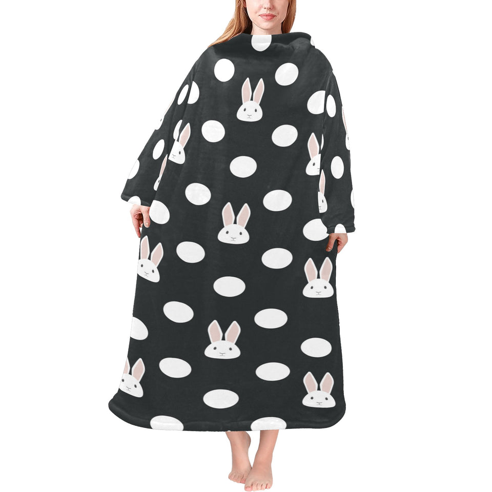 Cute white rabbit polka dots black background Blanket Robe with Sleeves