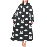 Cute white rabbit polka dots black background Blanket Robe with Sleeves