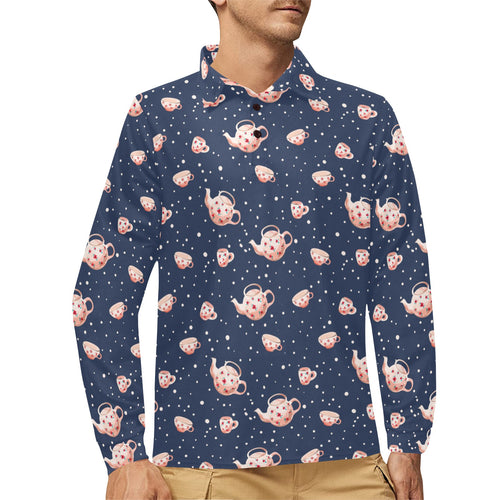 Tea pots Pattern Print Design 04 Men's Long Sleeve Polo Shirt