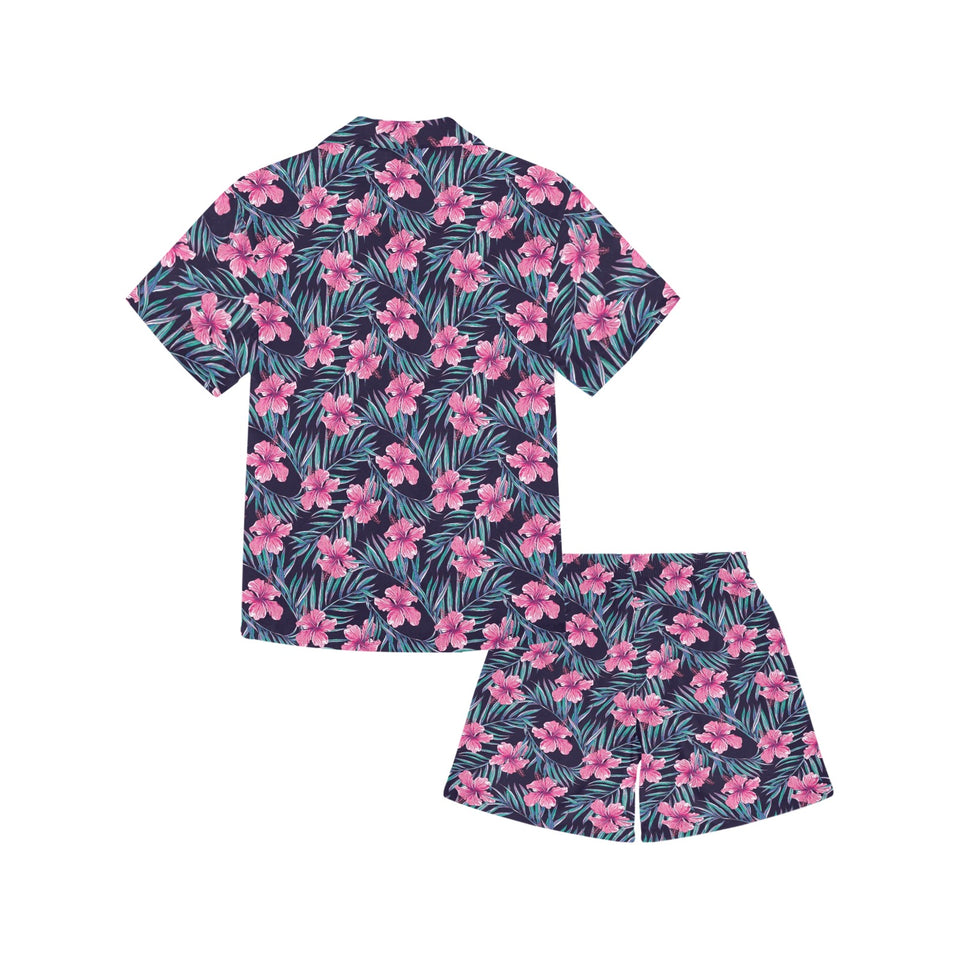 Hibiscus Pattern Print Design 05 Kids' Boys' Girls' V-Neck Short Pajama Set