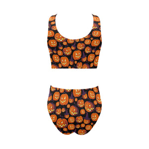 Halloween Pumpkin pattern Chest Bowknot High Waisted Bikini Swimsuit