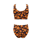 Halloween Pumpkin pattern Chest Bowknot High Waisted Bikini Swimsuit