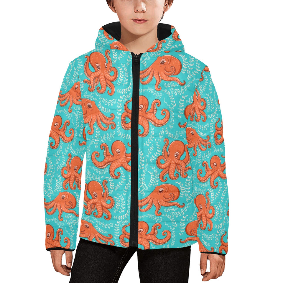 Octopus turquoise background Kids' Boys' Girls' Padded Hooded Jacket