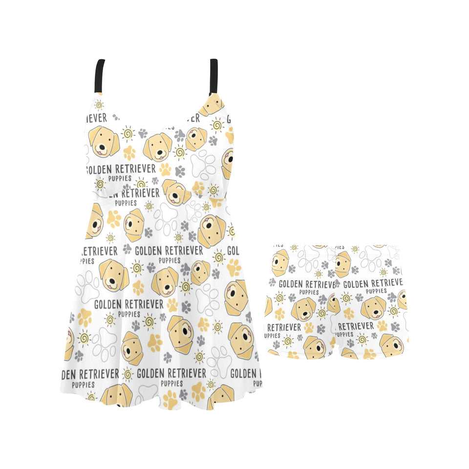 Golden Retriever Pattern Print Design 04 Chest Sexy Pleated Two Piece Swim Dress