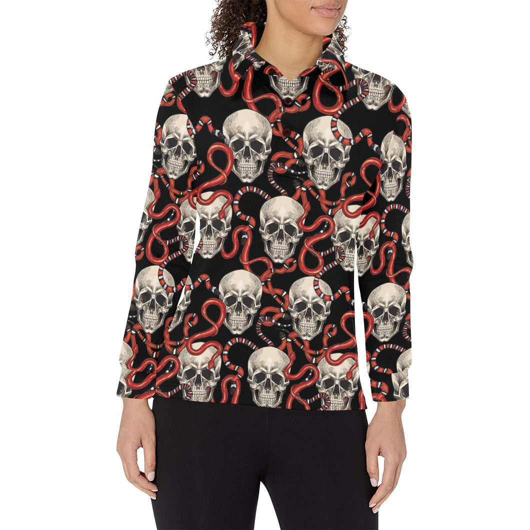 Red snake skull pattern Women's Long Sleeve Polo Shirt