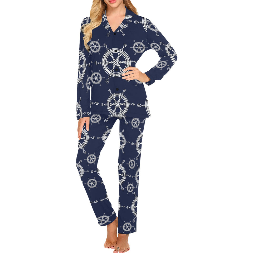 nautical steering wheel design pattern Women's Long Pajama Set