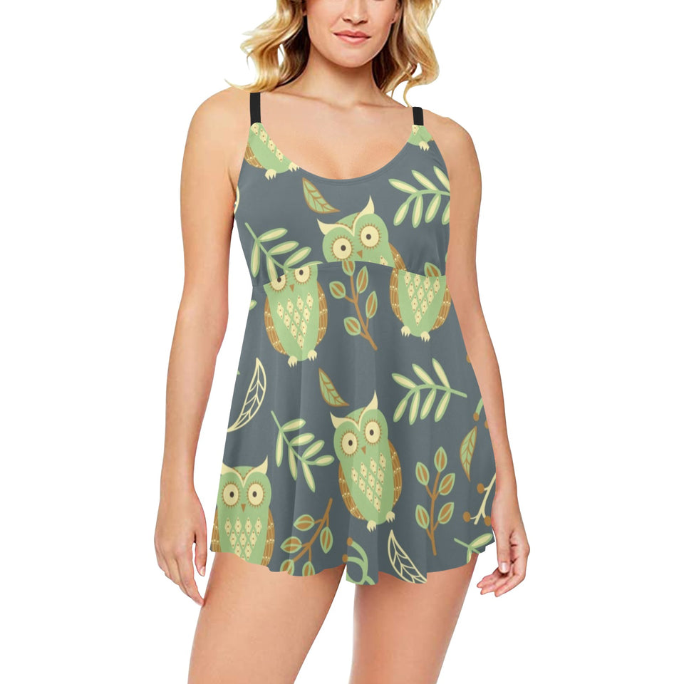 Cute owls leaves pattern Chest Sexy Pleated Two Piece Swim Dress