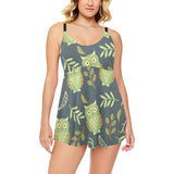Cute owls leaves pattern Chest Sexy Pleated Two Piece Swim Dress