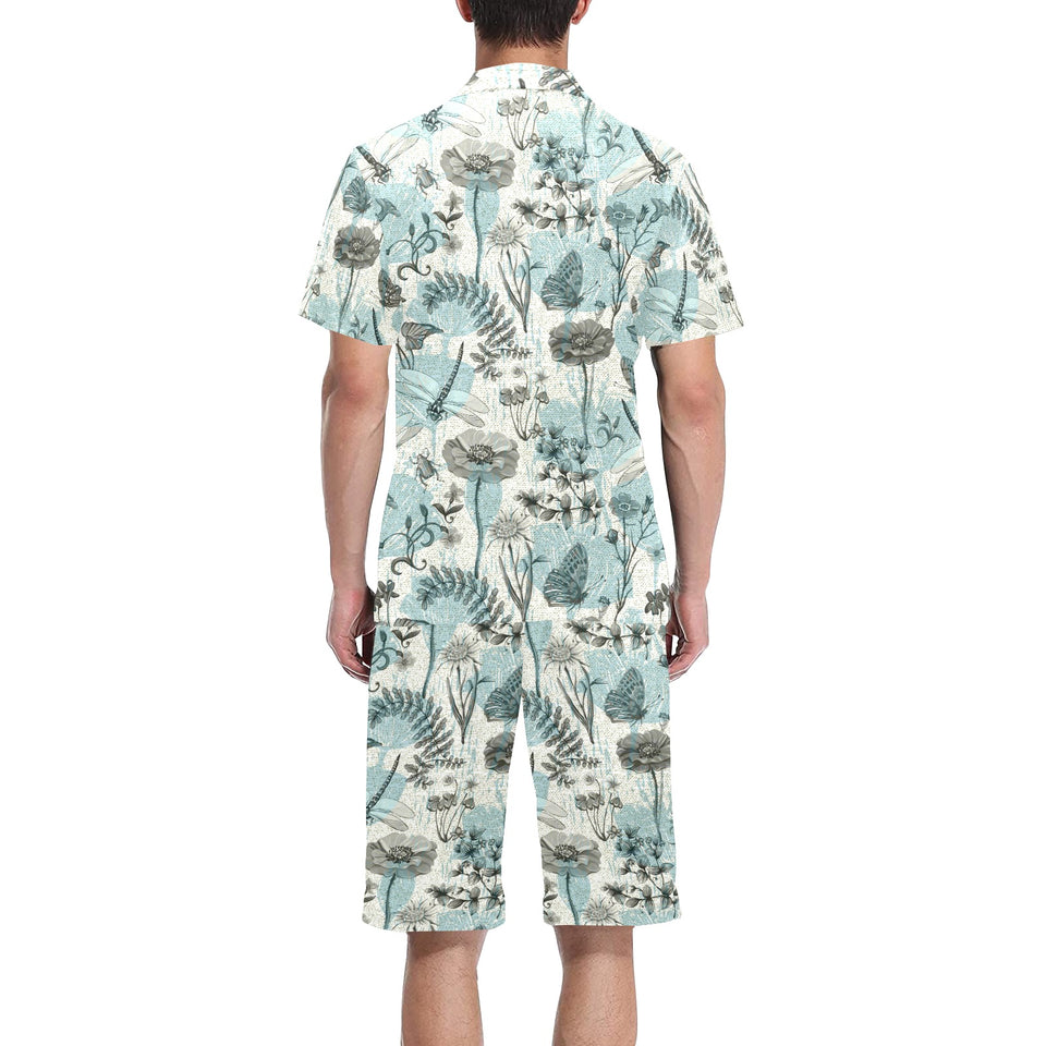 Dragonfly Butterfly Plants insect flower vintage s Men's V-Neck Short Pajama Set