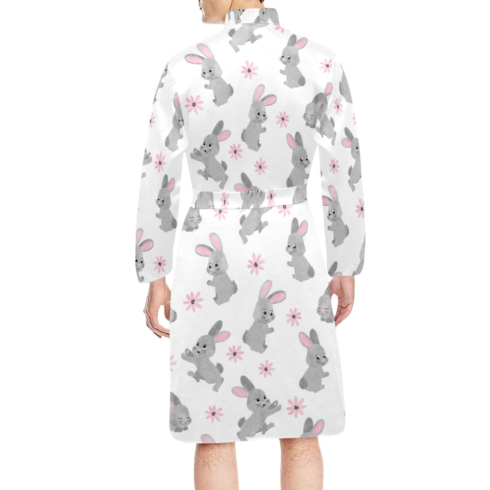 Watercolor cute rabbit pattern Men's Long Sleeve Belted Night Robe