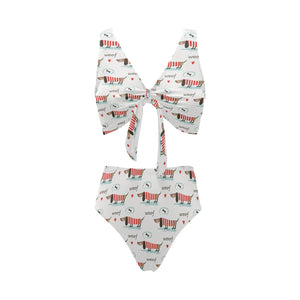 Cute dachshund bone pattern Chest Bowknot High Waisted Bikini Swimsuit