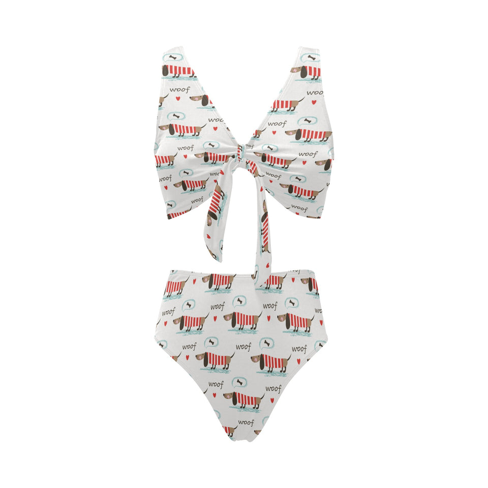 Cute dachshund bone pattern Chest Bowknot High Waisted Bikini Swimsuit