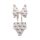 Cute dachshund bone pattern Chest Bowknot High Waisted Bikini Swimsuit