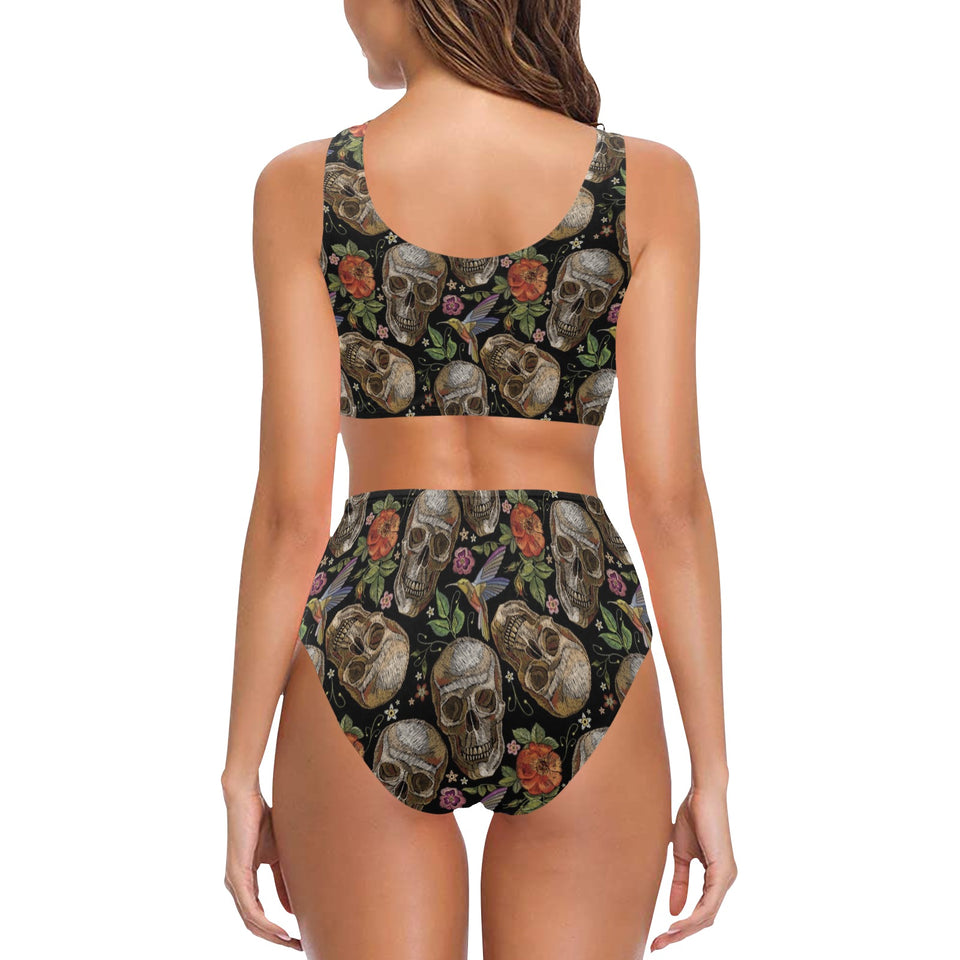 Skull rose humming bird flower pattern Chest Bowknot High Waisted Bikini Swimsuit