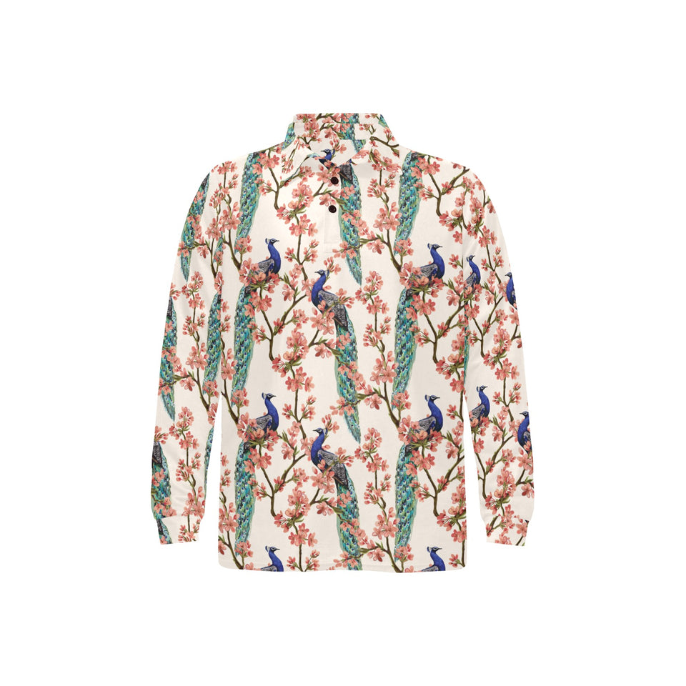 Peacock tropical flower pattern Men's Long Sleeve Polo Shirt
