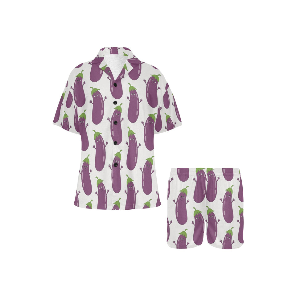 Eggplant Pattern Print Design 01 Women's V-Neck Short Pajama Set