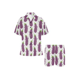 Eggplant Pattern Print Design 01 Women's V-Neck Short Pajama Set