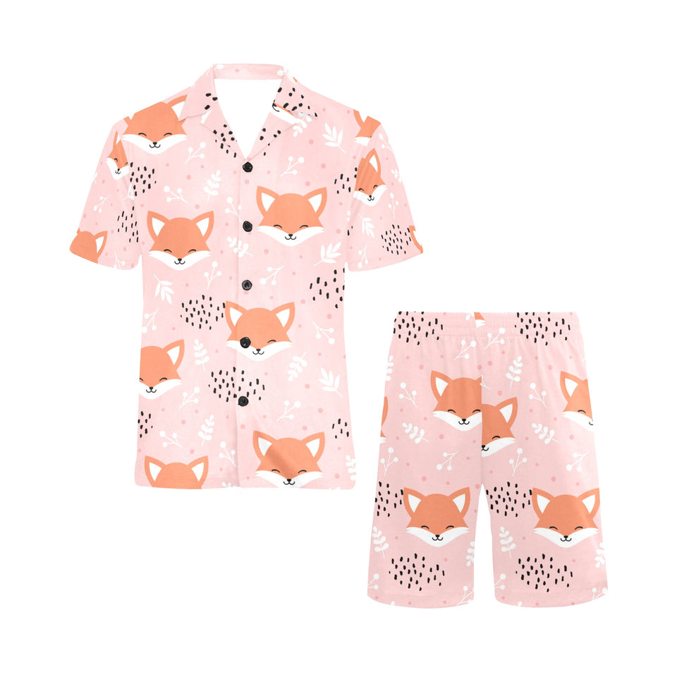 Cute fox pattern pink background Men's V-Neck Short Pajama Set