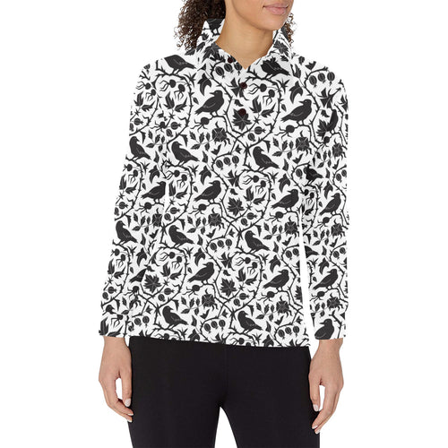 Crow dark floral pattern Women's Long Sleeve Polo Shirt