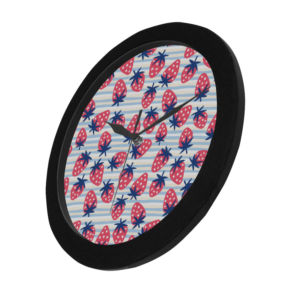Strawberry pattern blue lines background Elegant Black Wall Clock