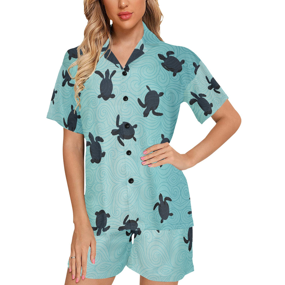 Sea turtle with blue ocean backgroud Women's V-Neck Short Pajama Set