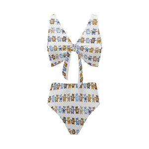 Teddy Bear Pattern Print Design 02 Chest Bowknot High Waisted Bikini Swimsuit