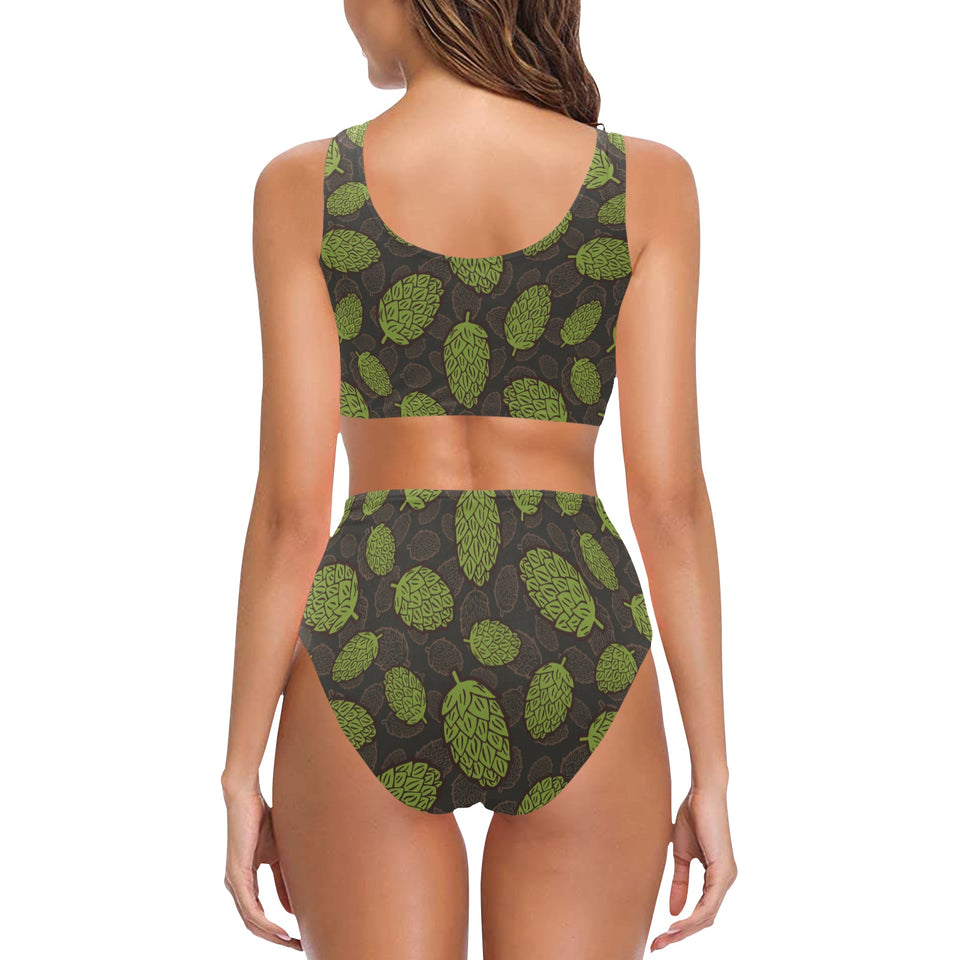 Hop pattern black background Chest Bowknot High Waisted Bikini Swimsuit