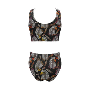 Eagle Pattern Print Design 05 Chest Bowknot High Waisted Bikini Swimsuit