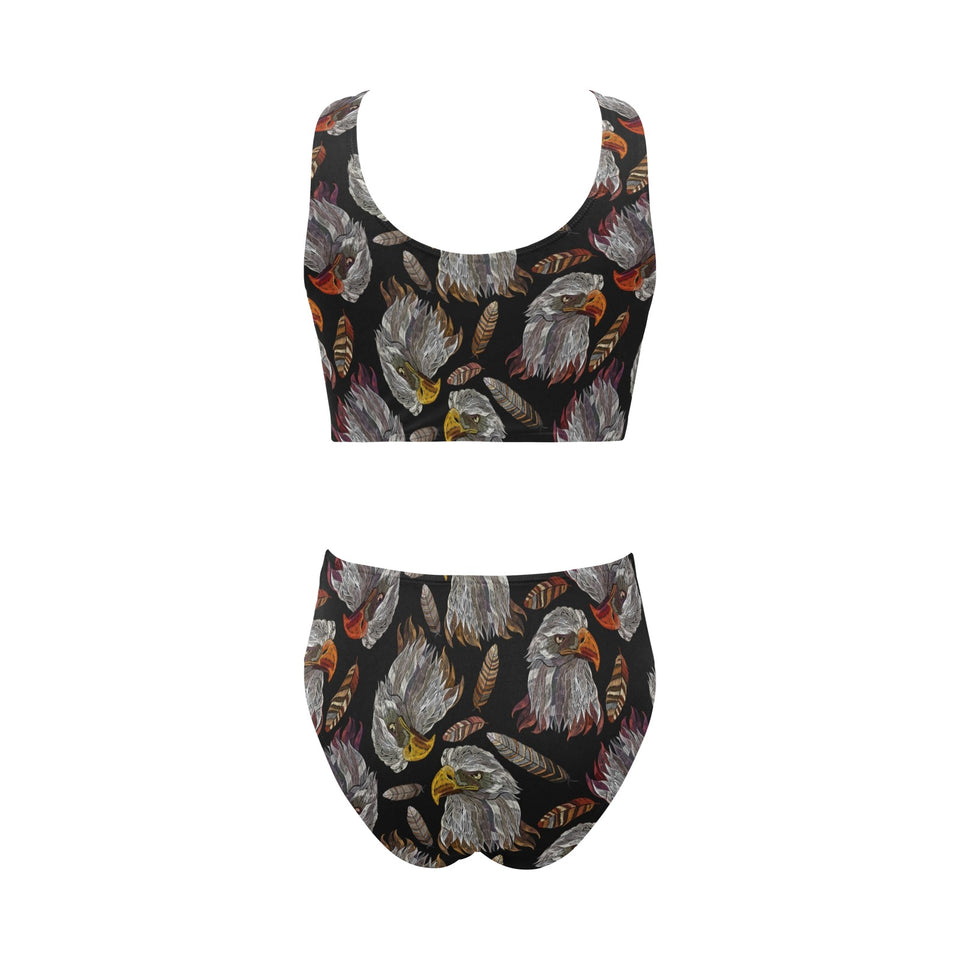Eagle Pattern Print Design 05 Chest Bowknot High Waisted Bikini Swimsuit
